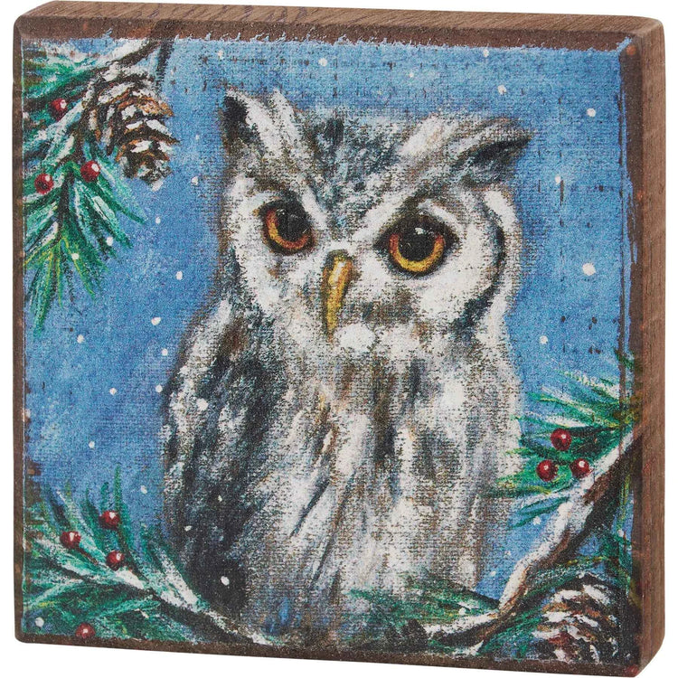 Winter Owl Wooden Block Sign