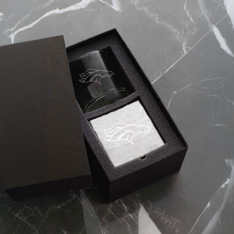 Denver Broncos Etched Rocks Glass and Square Coaster Set
