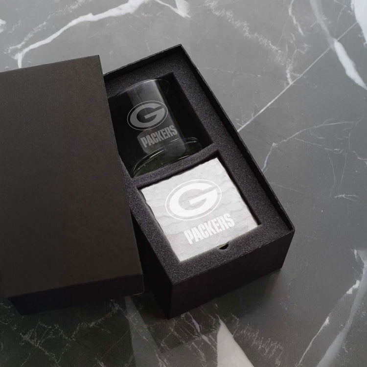 Green Bay Packers Etched Rocks Glass and Square Coaster Set