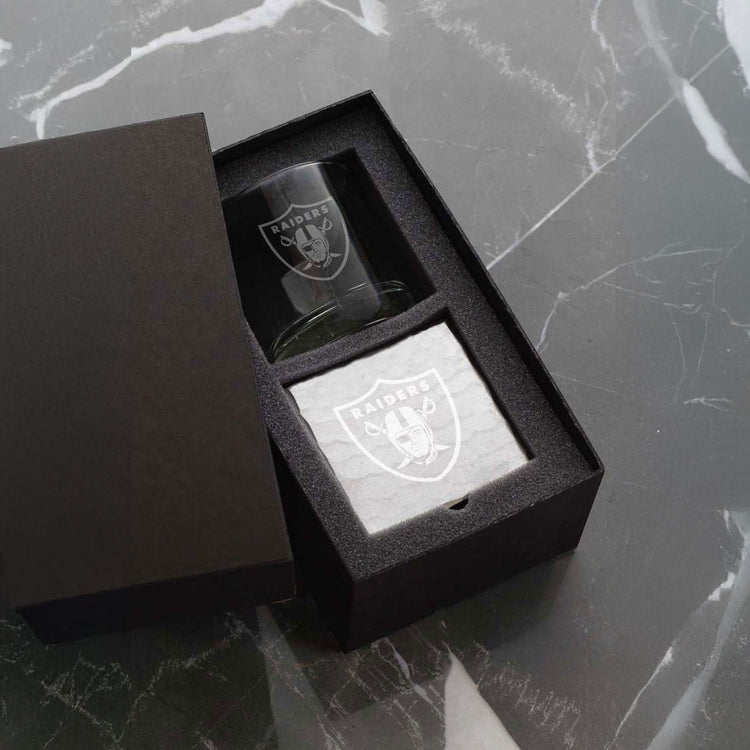 Las Vegas Raiders Etched Rocks Glass and Square Coaster Set