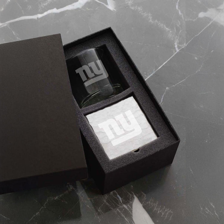 New York  Giants Etched Rocks Glass and Square Coaster Set