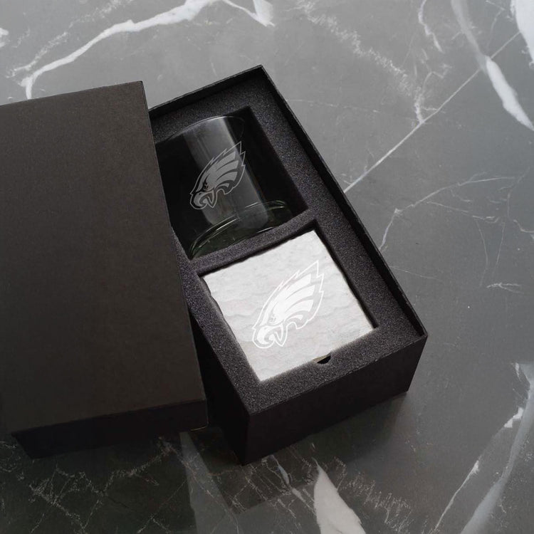 Philadelphia Eagles Etched Rocks Glass and Square Coaster Set