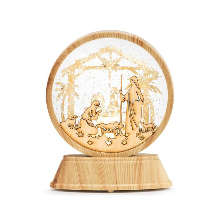 Lit Holy Family Snow Globe Wood