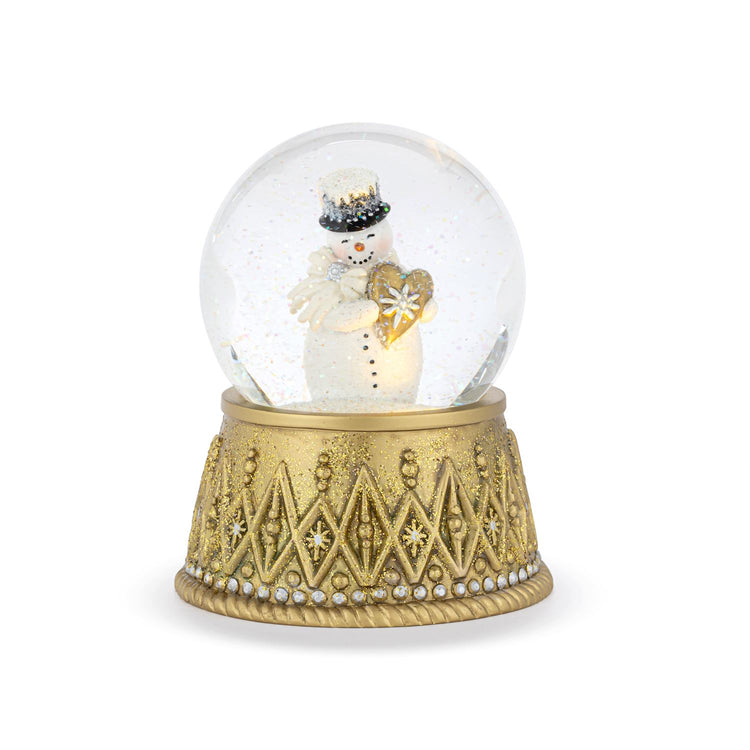 Snowman with Heart Lit Gold Snow Globe