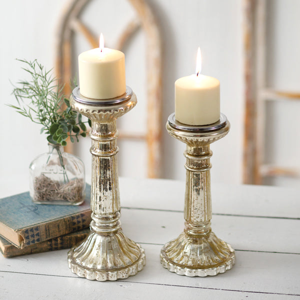 Mercury Glass Pillar Candle Holders S/2