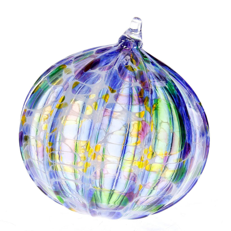 Vessel Glass Handblown Ribbed Sphere Ornament- Blue Mix with White
