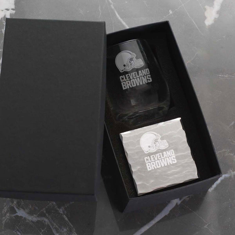 Cleveland Browns Single Etched Wine Glass and Etched Square Coaster Set