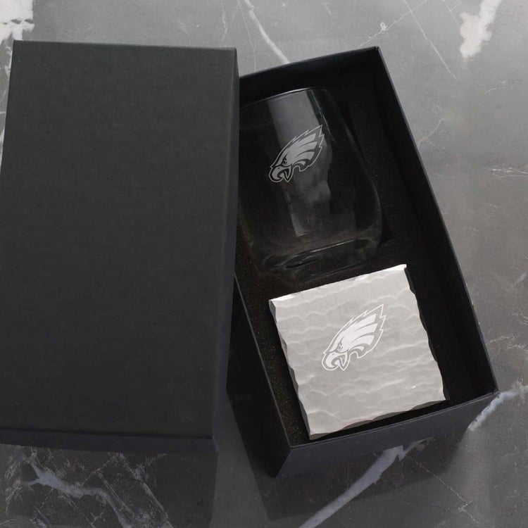 Philadelphia Eagles Single Etched Wine Glass and Etched Square Coaster Set