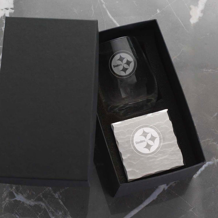Pittsburgh Steelers Single Etched Wine Glass and Etched Square Coaster Set