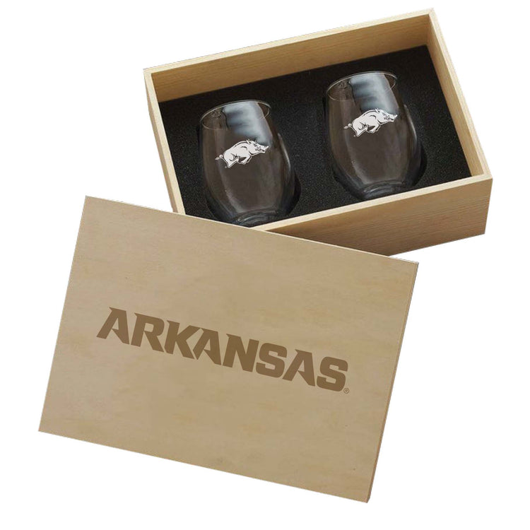 Arkansas Razorbacks 2-Piece Etched Wine Glass Set In Collector Box