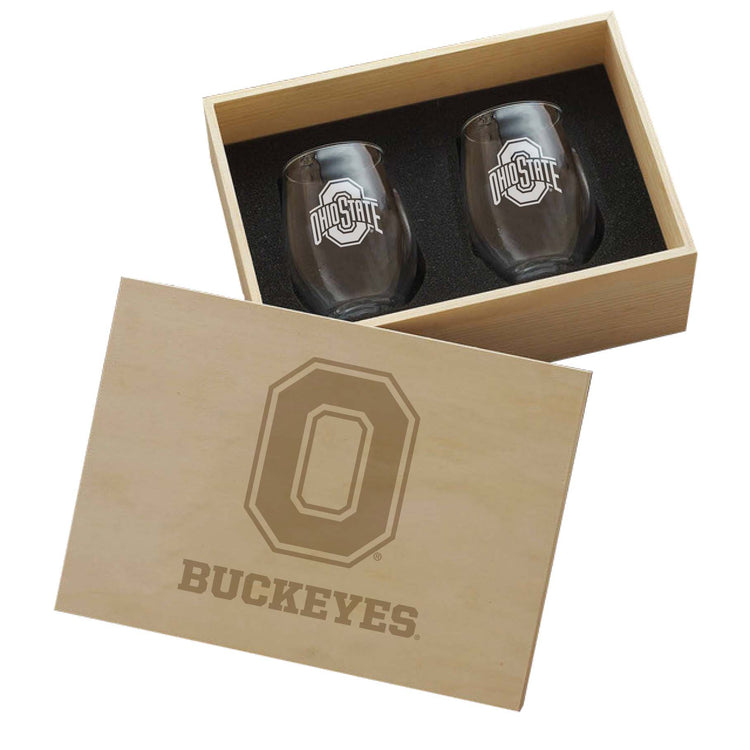 Ohio State Buckeyes 2-Piece Etched Wine Glass Set In Collectors Box