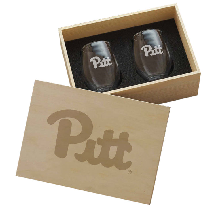Pitt Panthers 2-Piece Etched Wine Glass Set In Collectors Box