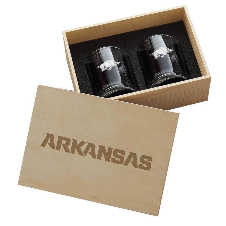 Arkansas Razorbacks 2-Piece Xpress Etched Rocks Glass Set In Collector Box