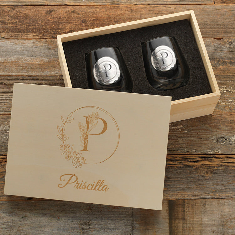 Floral Initial 2-Piece Wine Glass Set in Wood Box