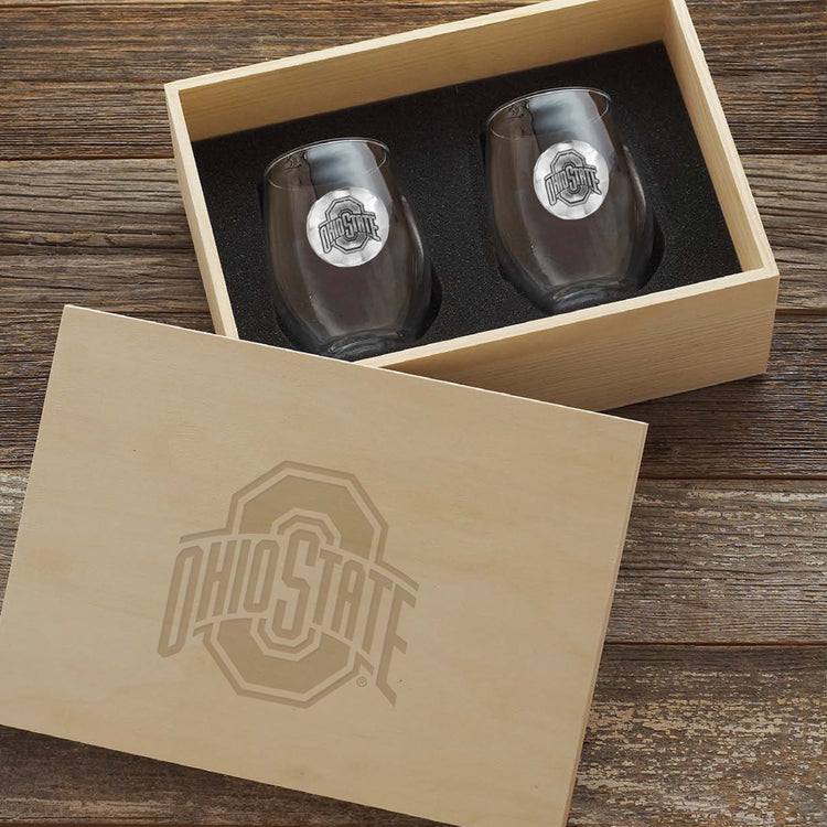 Ohio State Stemless Wine Set with Collectible Wood Box