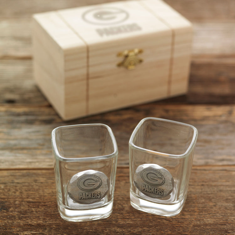Green Bay Packers 2-Piece Shot Glass Set and Box (Aluminum)