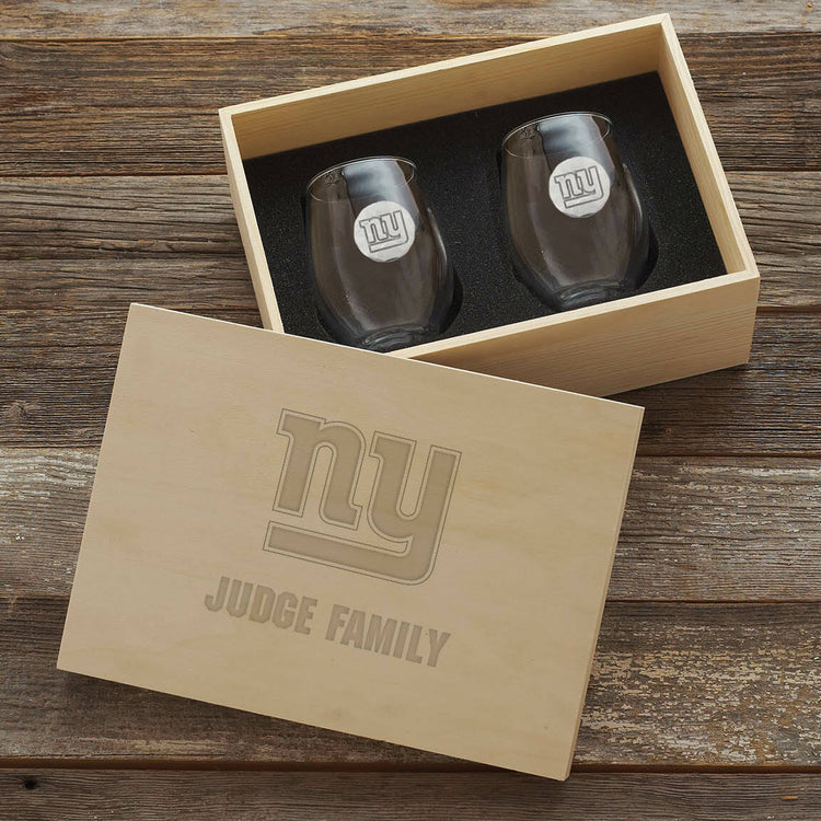 New York Giants Stemless Wine Glass Set and Collector's Box