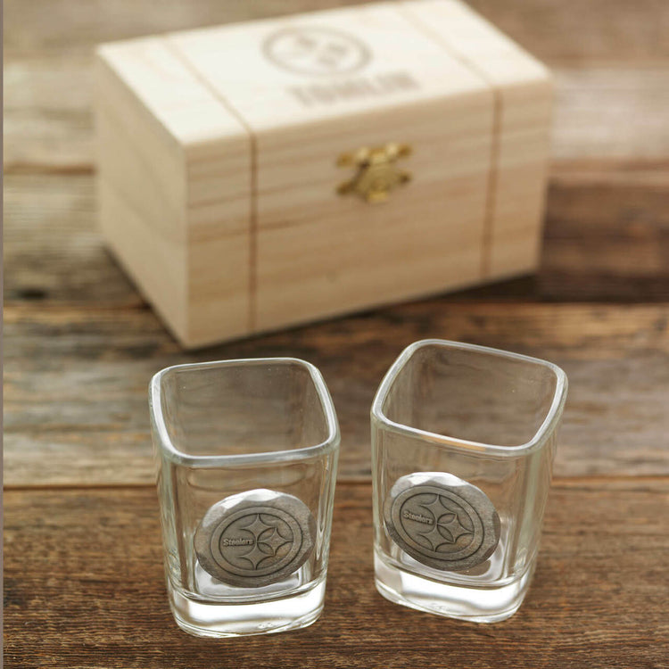 Pittsburgh Steelers 2-Piece Shot Glass Set and Box (Aluminum)