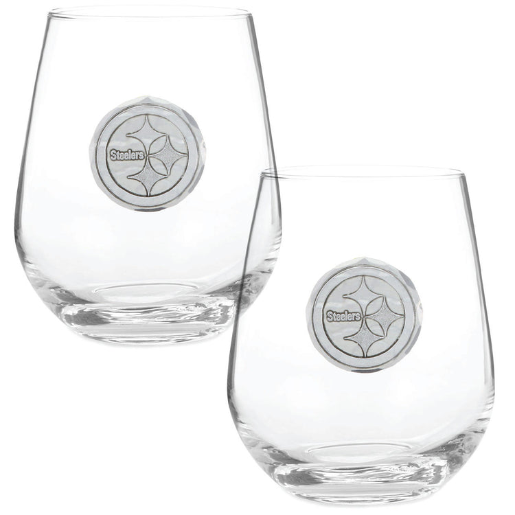 Pittsburgh Steelers 2-Piece Stemless Wine Glass Set with Collectible Box (Aluminum)