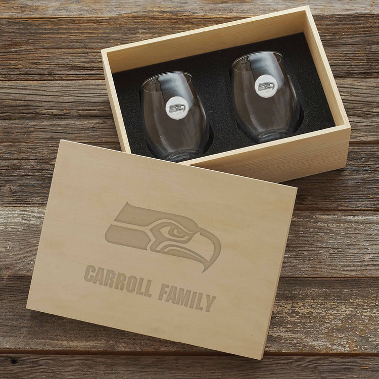 Seattle Seahawks Stemless Wine Glass Set and Collector's Box