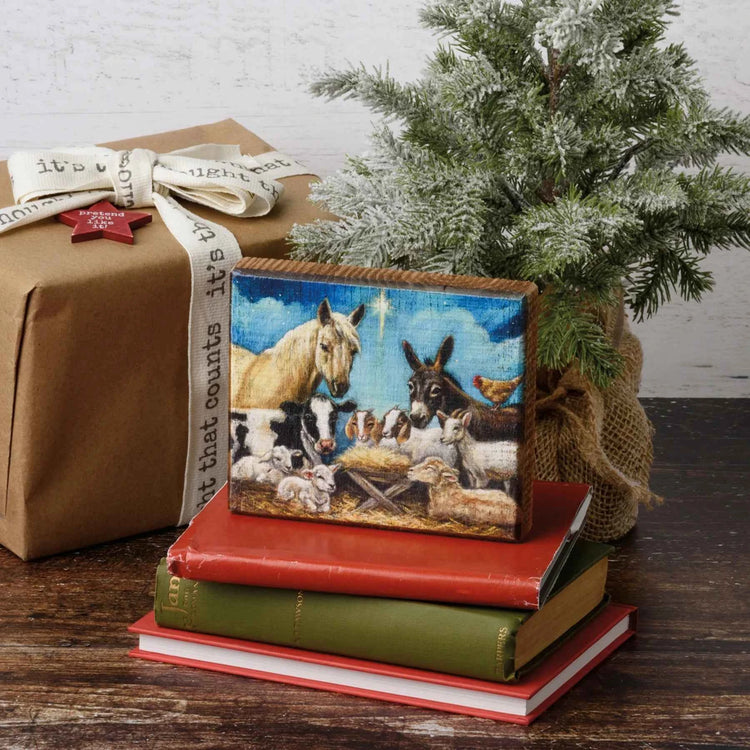 Christmas Stable Animals Wooden Block Sign