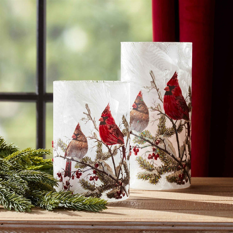 Winter Cardinals Hurricane Large Glass Candle Holder