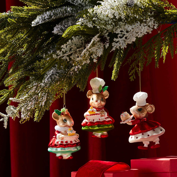 Christmas Cupcake Baker Mouse Glass Ornament