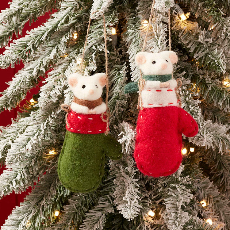 Mouse in Green Mitten Felt Christmas Ornament