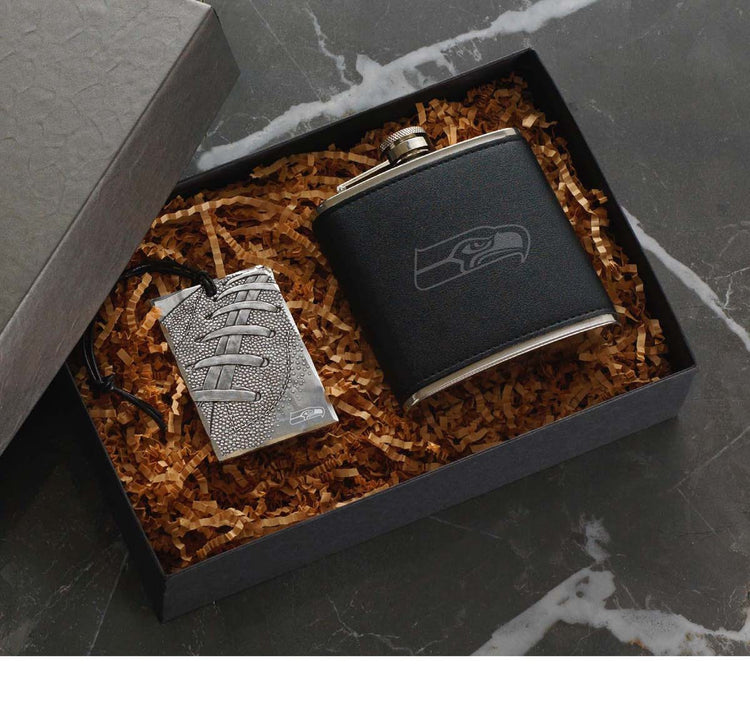 Seattle Seahawks Etched Flask and Bag Tag Gift Set