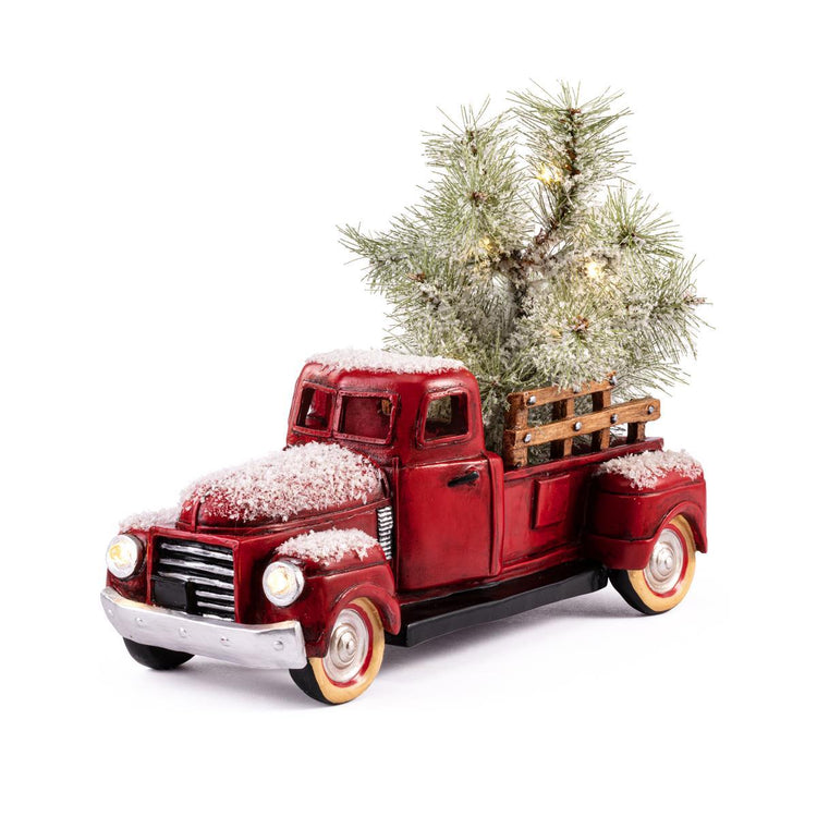 Vintage Red Truck with Christmas Tree Figurine
