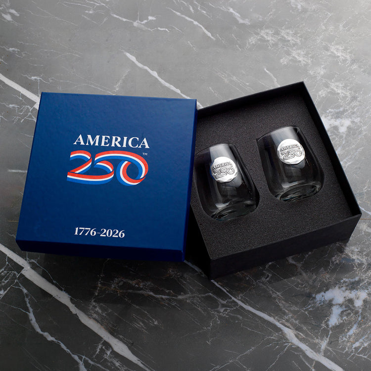 America250 Commemorative Stemless Wine Set with Aluminum Medallions