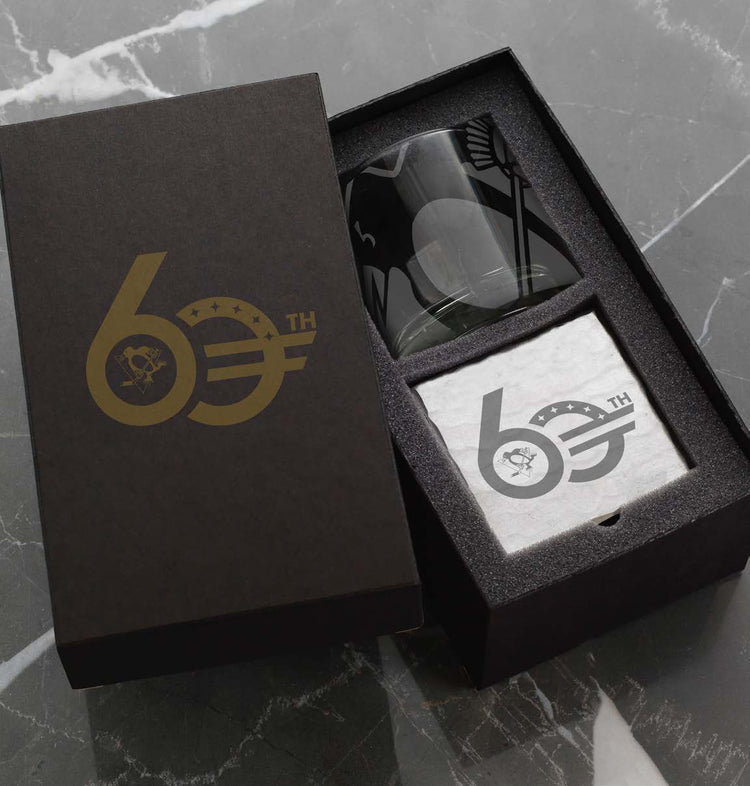 Pittsburgh Penguins 60th Season Etched Rocks Glass & Square Coaster Set 