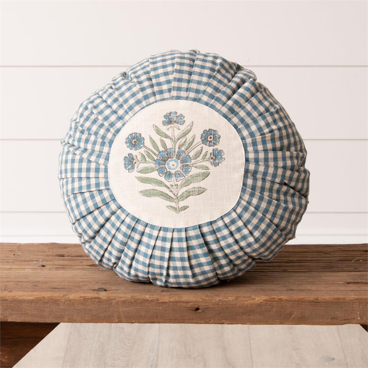 Round Pleated Pillow - Blue Block Print