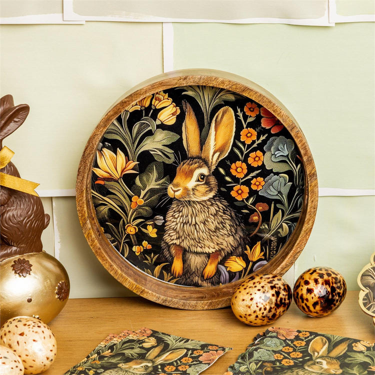 Tray Floral Rabbit Round Wood Serving Tray