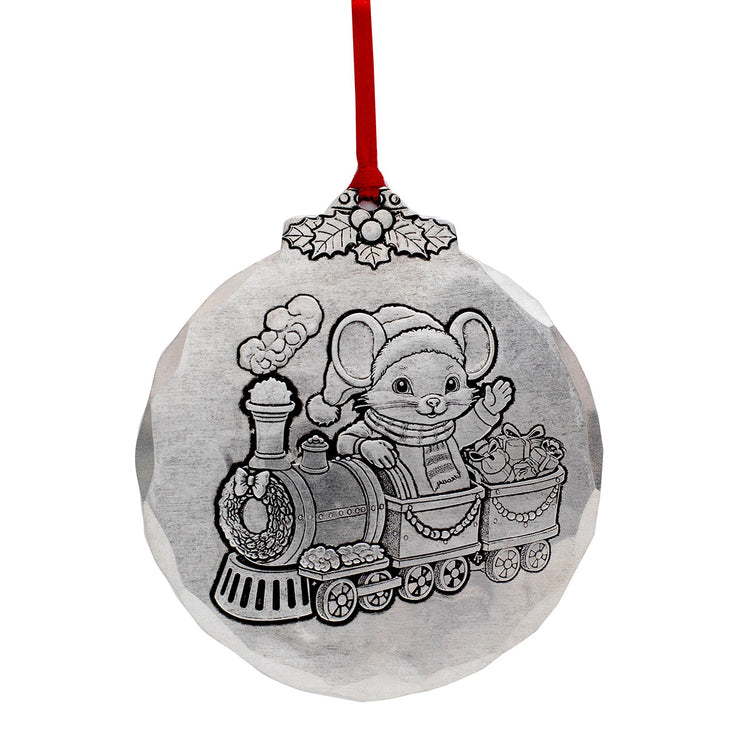 All Aboard Little Mouse Christmas ornament featuring a festive mouse riding a holiday train