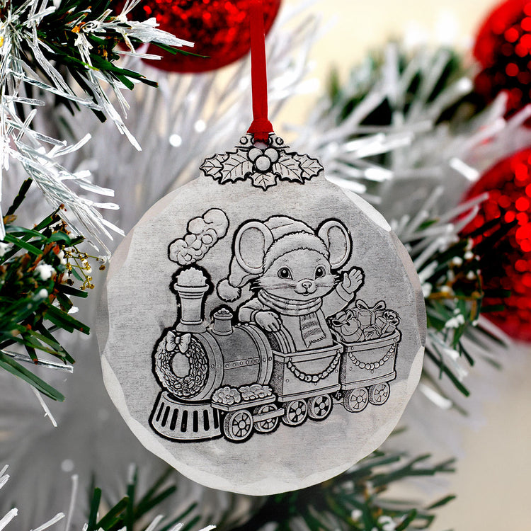 All Aboard Little Mouse Christmas ornament featuring a festive mouse riding a holiday train