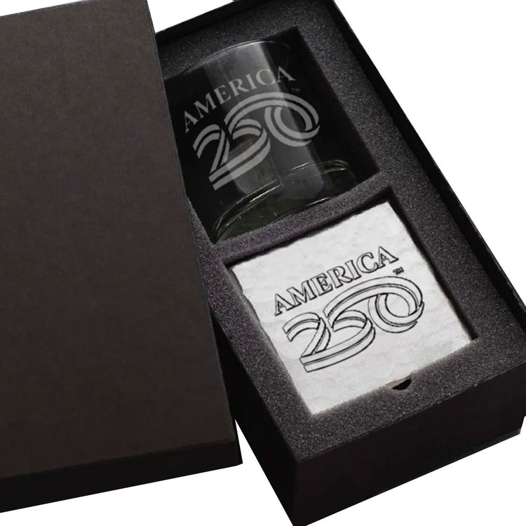 America250 Rocks Glass with Coaster Commemorative Gift Set 