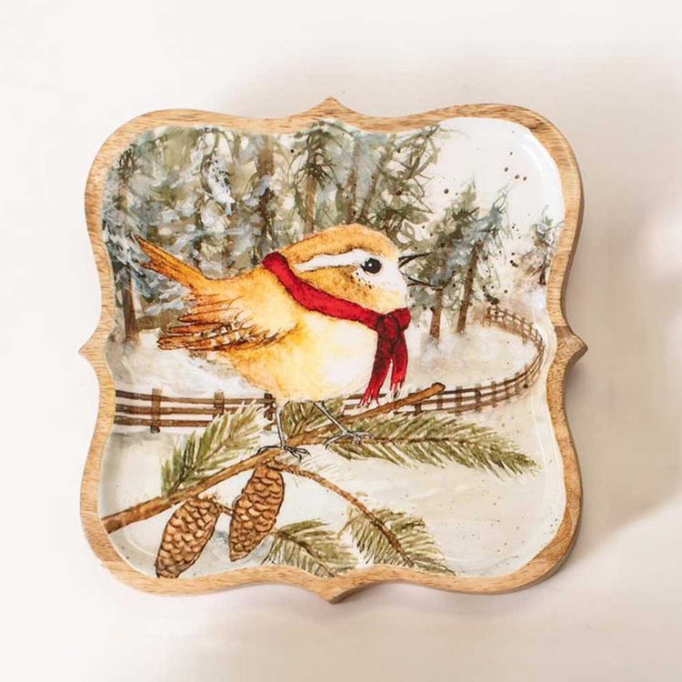 Mango Wood Tray Snowy Yuletide Songbird 