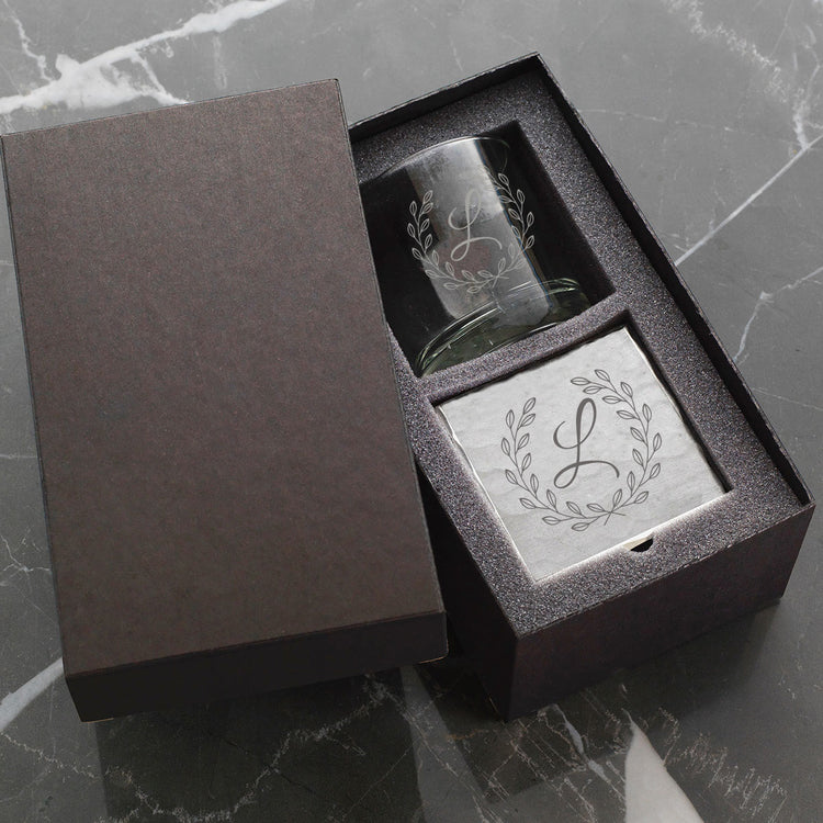 Initial Rocks Glass and Coaster Duo