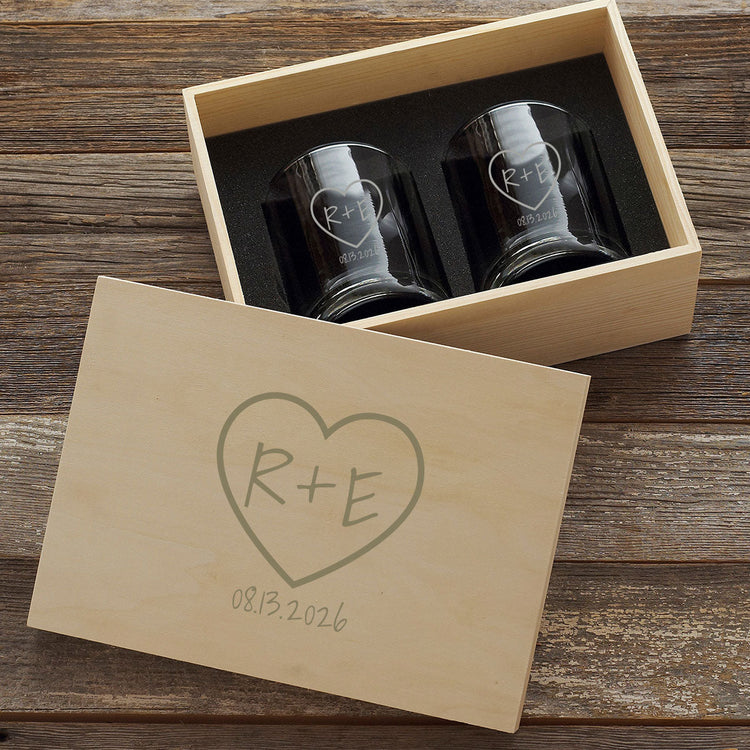 Couples Signature Etched 2‑Piece Rocks Glass Set in Personalized Wood Box