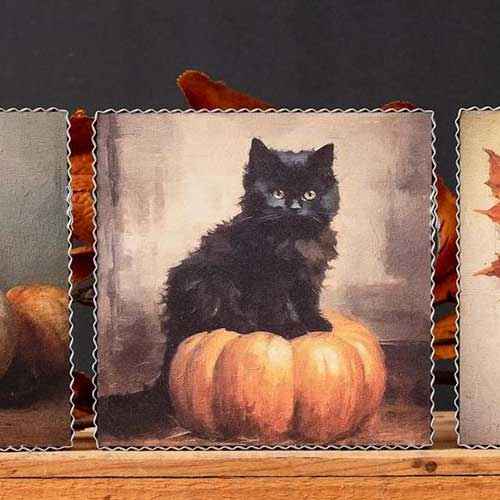 Fall Still Life Shelf Sitter Black Cat 