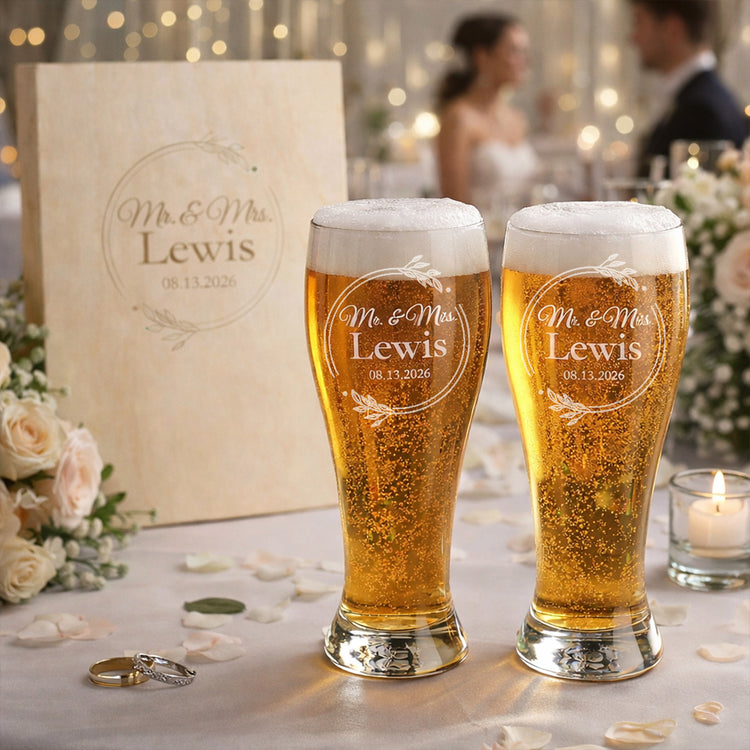 Couples Signature Etched 2‑Piece Pilsner Glass Set in Personalized Wood Box