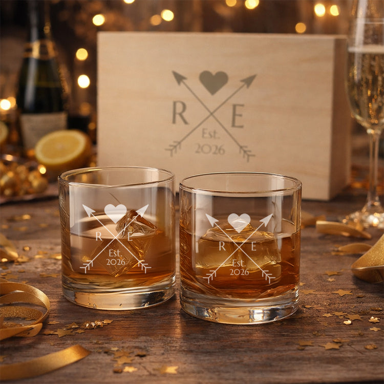 Couples Signature Etched 2‑Piece Rocks Glass Set in Personalized Wood Box