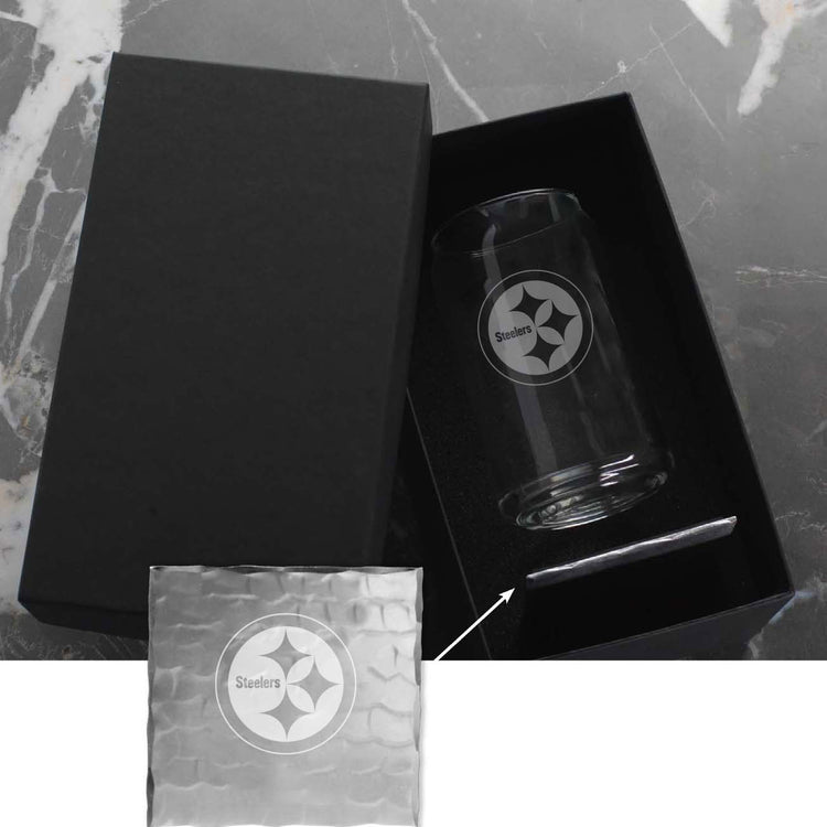 Pittsburgh Steelers Single Etched Beer Can Glass and Coaster Set