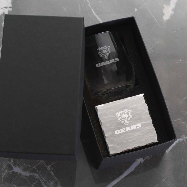 Chicago Bears Single Etched Wine Glass and Etched Square Coaster Set