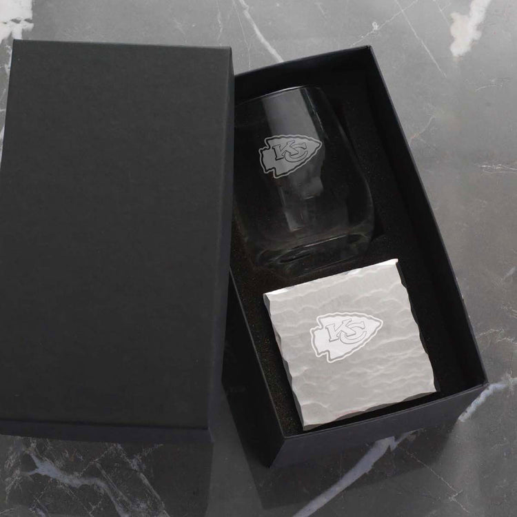 Kansas City Chiefs Single Etched Wine Glass and Etched Square Coaster Set 