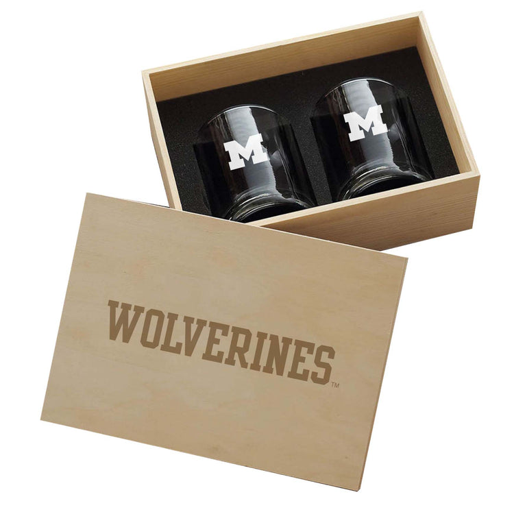 Michigan Wolverines 2-Piece Xpress Etched Rocks Glass Set In Collector Box