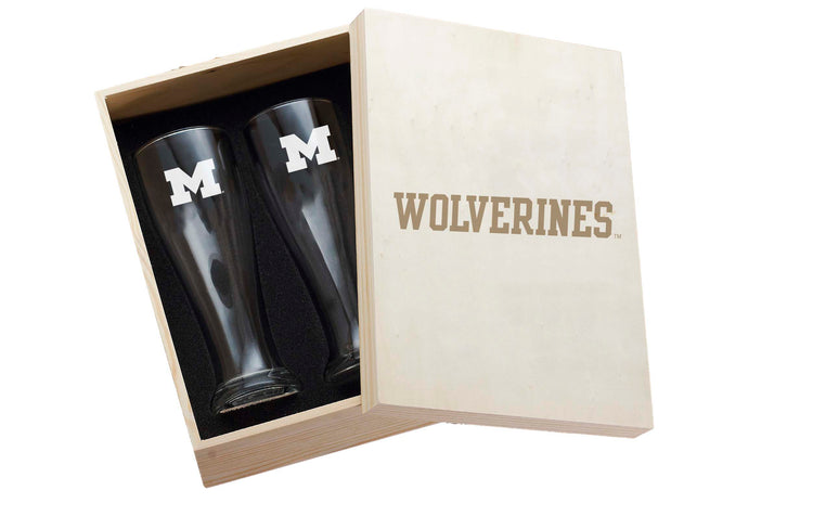 Michigan Wolverines 2-Piece Etched Pilsner Set In Collector Box