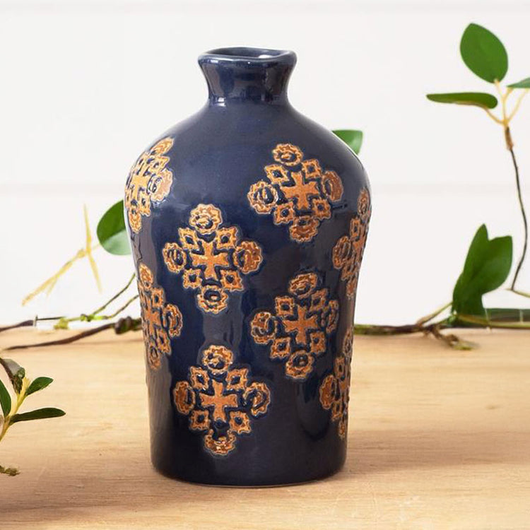 Blue Floral Motif Vase - Tall Blue 