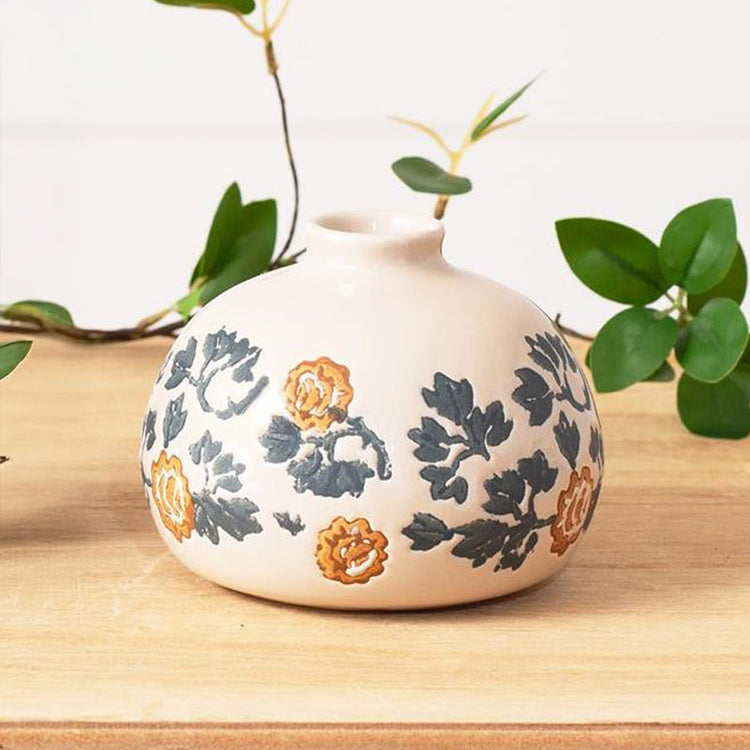 Blue Floral Motif Vase -  Short White 